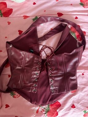 Windsor Burgundy Faux-Leather Lace-Up Corset Top